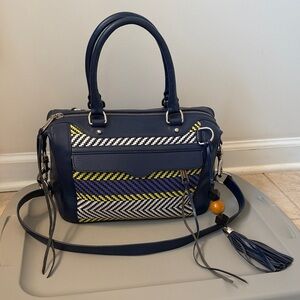 Rebecca Minkoff Navy Leather Satchel w/ Woven Panel & Tassel | Crossbody Bag
